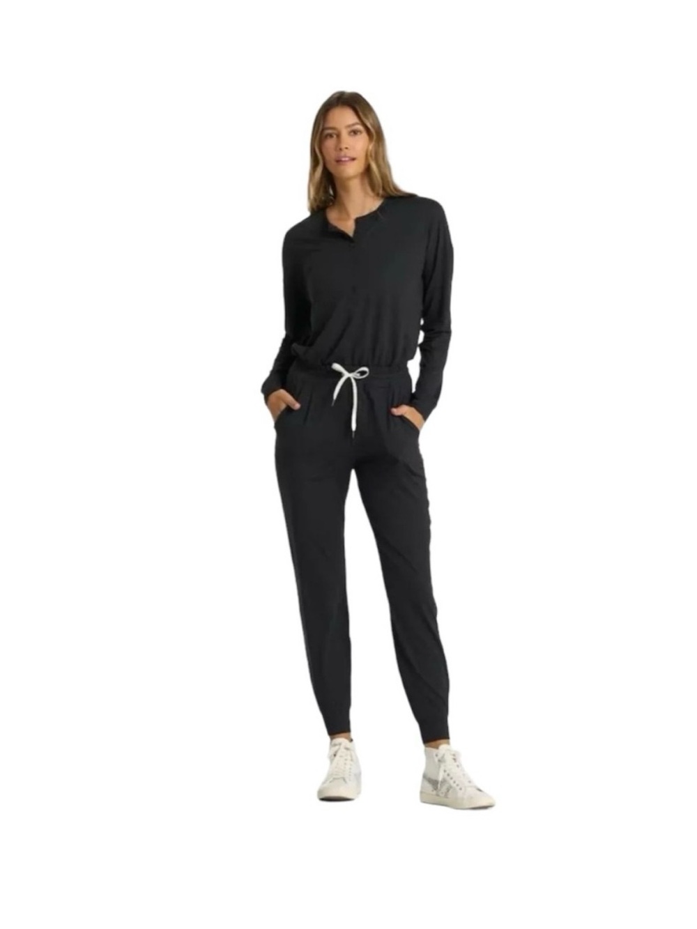 Vuori Women’s Black Long-Sleeve Jumpsuit with Drawstring Waist